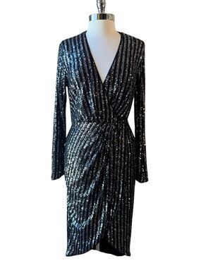 Baltic Born Black Sequin Wrap-Style Long Sleeve Dress Size XL